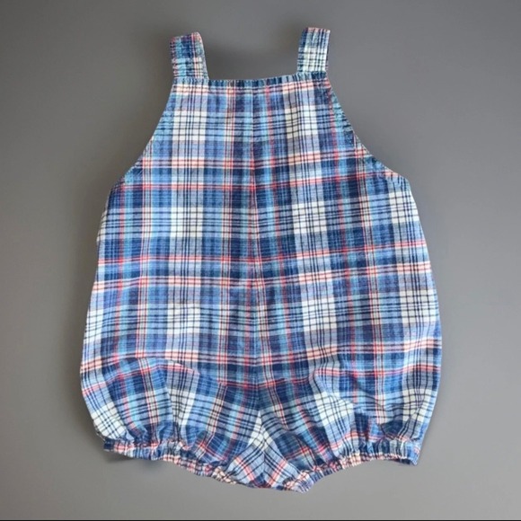 Vintage Baby Plaid Overalls Romper with Matching Hat Bear Golf Size 6-9 Months - Picture 2 of 8